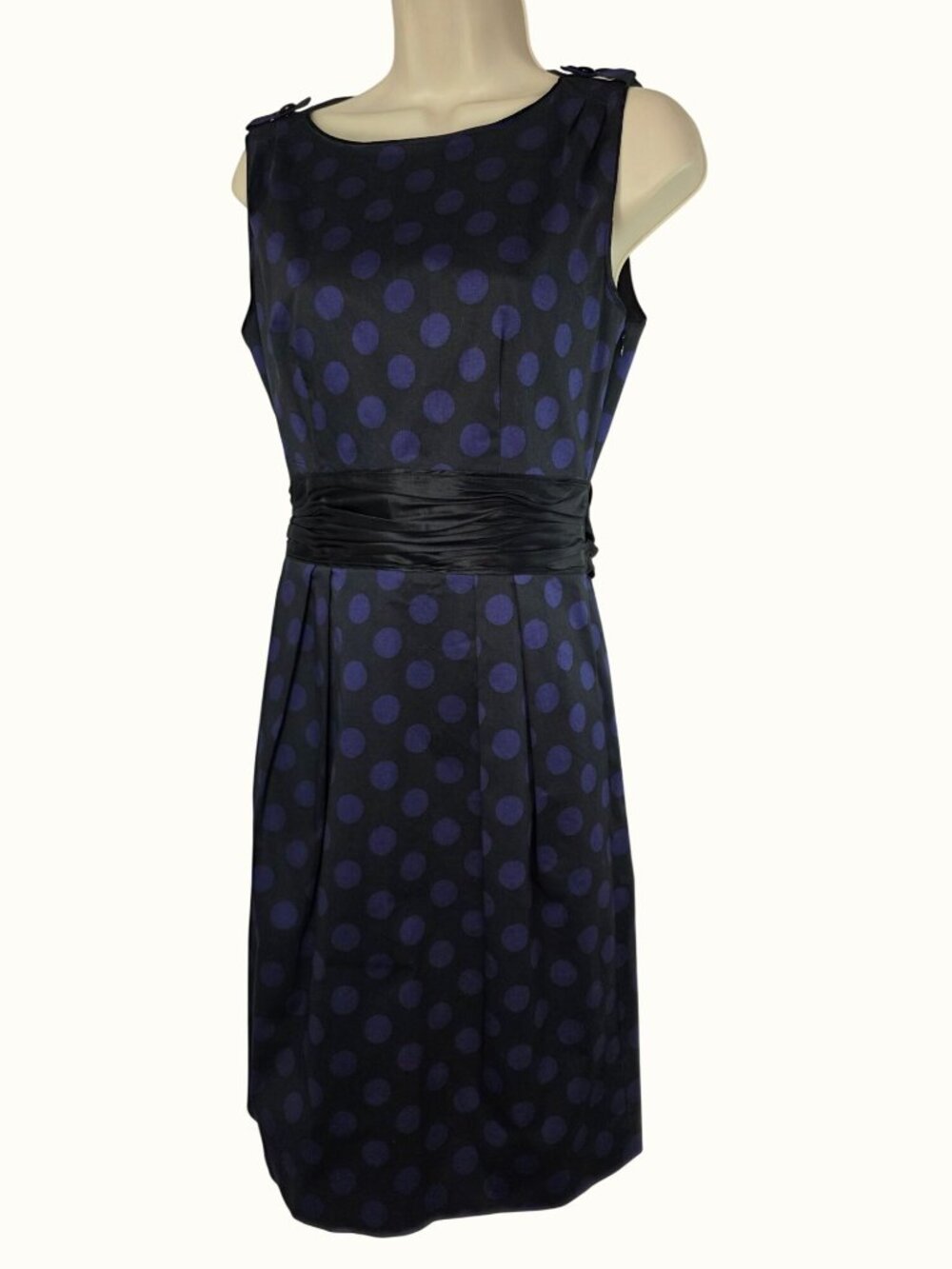 NWT Club Monaco Polka Dot Dress Sz 4 Silk Tie Waist Fit Flare Pockets Blue Black